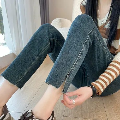 开叉直筒牛仔裤女春秋新款高腰修身显瘦弹力九分小个子烟管小脚裤商品大图