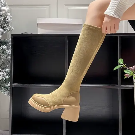 靴子女长筒靴2024新款女靴春秋冬厚底加绒长靴女高筒靴弹力瘦瘦靴商品大图