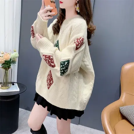 慵懒风加厚软糯菱格圆领毛衣女秋冬新款设计感宽松显瘦针织衫上衣商品大图