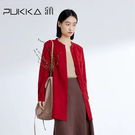 蒲PUKKA 亚麻衬衫女2024春装新品洛神红新中式印花设计感上衣商品大图