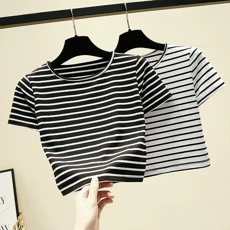 高腰露脐短袖女夏短款t恤漏肚脐紧身收腰上衣半袖条纹短装商品大图