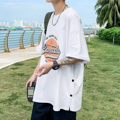 夏季男士短袖t恤韩版宽松潮流半截袖日系体恤潮牌原宿风ins五分袖商品大图