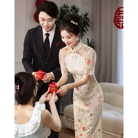 敬酒服2024新款新娘高级感重手工刺绣法式订婚礼服女夏季结婚小众商品大图