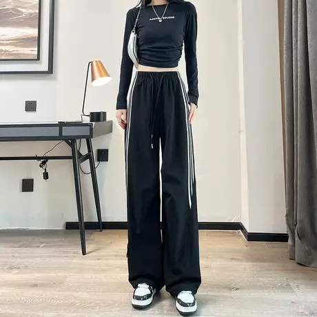 黑色休闲运动裤女束脚2024春秋季条纹两穿宽松高腰阔腿灯笼裤子商品大图
