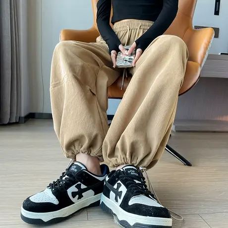 美式复古卡其色工装裤女春秋2024新款高腰垂感阔腿裤直筒束脚裤子图片