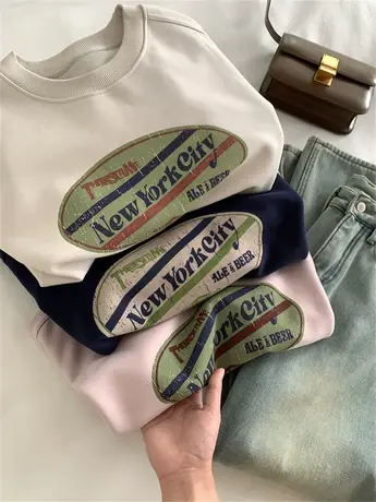 美式复古印花圆领卫衣女2024春季新款宽松减龄时髦百搭上衣外套潮商品大图