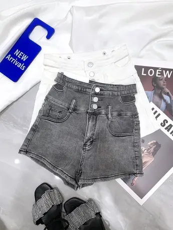 欧洲站排扣镂空腰牛仔短裤女2024春夏新款显瘦百搭高腰弹力包臀裤图片