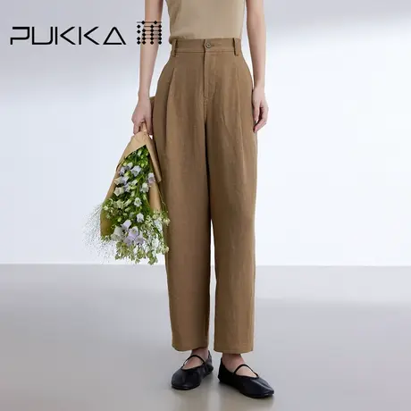 蒲PUKKA 加厚亚麻裤子女2024春夏新款休闲高腰橡筋腰萝卜裤图片