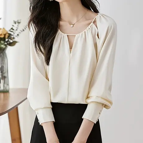 韩潮袭人法式高级杏色衬衫设计感小众显瘦长袖气质上衣图片
