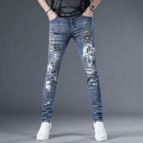 欧洲站高端潮牌印花牛仔裤男春夏季韩版蓝色弹力休闲修身小脚裤薄商品大图
