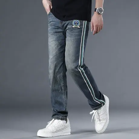 2024春季高端条纹刺绣水洗蓝色直筒牛仔裤男宽松欧货阔腿长裤子潮商品大图