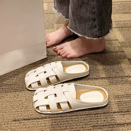 包头半拖鞋女夏季外穿2024年新款森系法式复古编织休闲软平底凉拖商品大图
