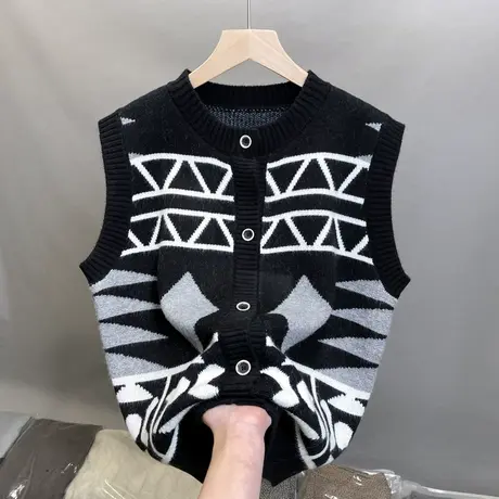 2024新款马甲圆领提花针织背心女坎肩上衣春秋造型感叠穿无袖开衫图片