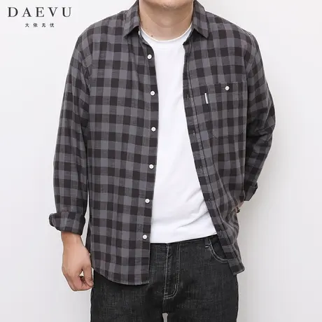 DAEVU春秋新款格子布韩版潮胖子大号加肥加大码男士长袖衬衫衬衣商品大图