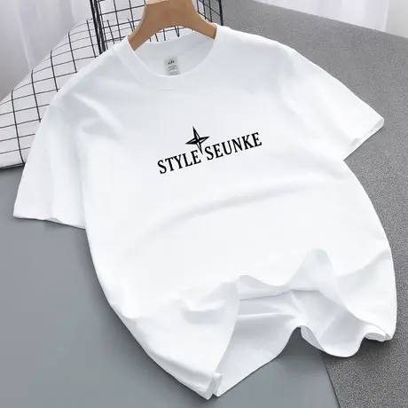 重磅纯棉短袖t恤男宽松白色上衣服美式潮流全棉半袖字母印花体恤商品大图