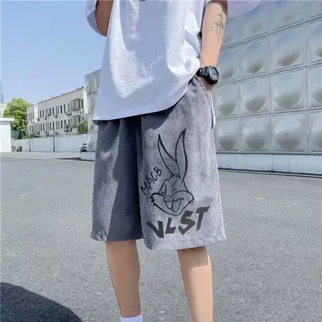 夏季卡通兔子印花直筒做旧短裤男2023新款潮流薄款宽松运动休闲裤商品大图