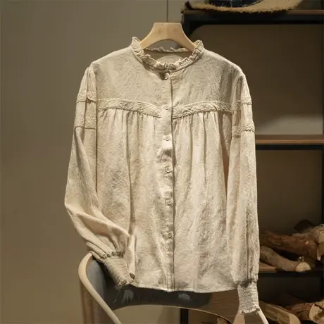 享永子全棉衬衫女纯色休闲宽松显瘦上衣百搭文艺复古2023春夏新款商品大图