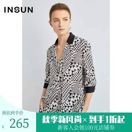 恩裳春秋季潮流双排扣设计千鸟格印花舒适真丝衬衫图片