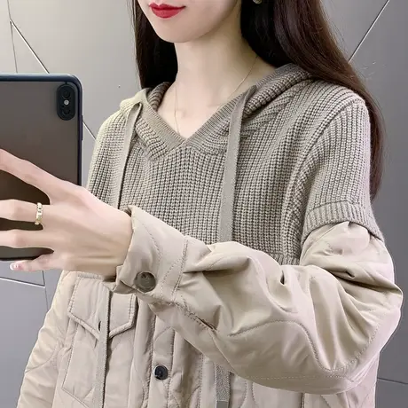 中长款连帽棉服女早秋2023新款宽松显瘦针织衫毛衣拼接加厚外套女商品大图