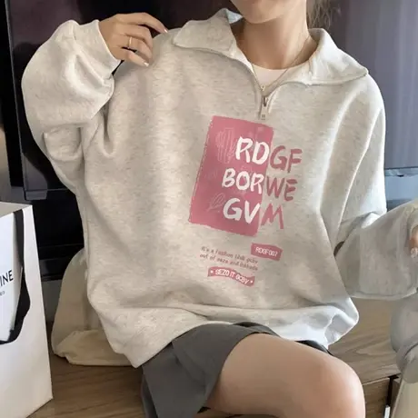 灰色落肩polo领卫衣女早秋开学季穿搭美式高街长袖半拉链上衣外套商品大图
