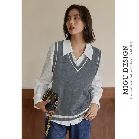 弥古灰色针织背心学院风马甲女春秋外穿v领气质毛线马夹显瘦上衣图片