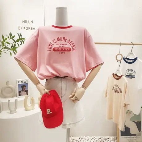 复古英文字母T恤2022夏季韩国东大门ins港味原宿风设计感撞色短袖商品大图