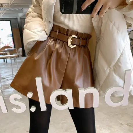 小皮裤女短裤2023新款显瘦秋冬季新品咖啡色a字大码高腰外穿阔腿图片