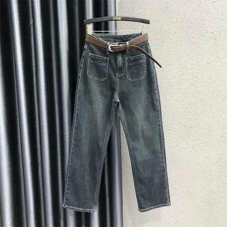 港味2023秋季新款潮流口袋哈伦牛仔裤女高腰弹力宽松显瘦阔腿长裤图片