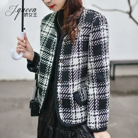 小香风格子毛呢外套女秋冬新款韩系气质高级感加厚小个子短款上衣商品大图