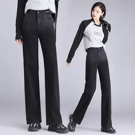 黑色牛仔阔腿裤女秋季2023年新款宽松高腰胖MM大码窄版拖地直筒裤商品大图
