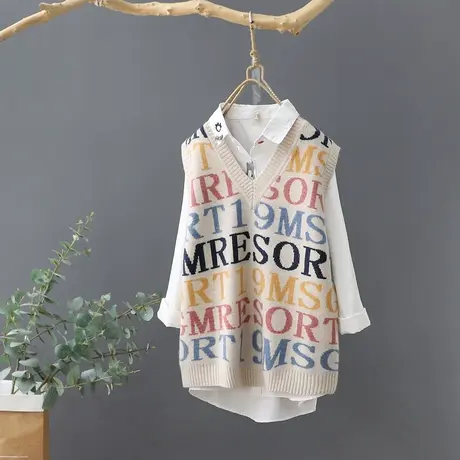 时尚韩范字母提花V领针织马夹女宽松外搭毛线背心套头坎肩马甲潮商品大图