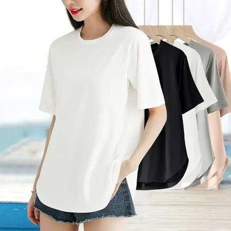 两边侧开叉圆弧形下摆宽松短袖t恤女小圆领高级感白色体恤衫商品大图