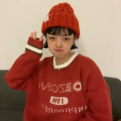 红续2023年春秋新款酒红色复古长袖毛衣针织衫女小众拼接字母上衣图片