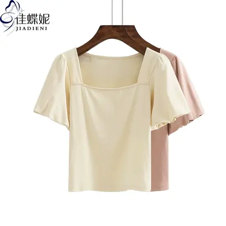 夏季方领纯白短袖体恤上衣网红同款短款女装纯色修身显瘦T恤高腰商品大图