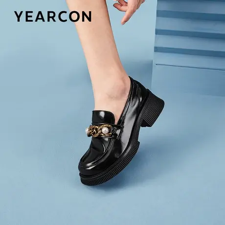 意尔康一脚蹬真皮厚底乐福鞋女2023秋季新款时尚链条粗跟小皮鞋女商品大图