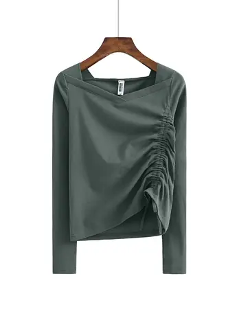 早春V领方下摆抽绳内搭纯棉修身长袖打底衫上衣女装纯色T恤打底衫图片