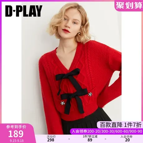 DPLAY秋装新INS风时尚宽松短款红色开衫蝴蝶结系带毛衣商品大图