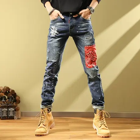 秋冬新款设计师原创品牌男装日系复古水洗做旧民族风贴布牛仔裤男商品大图