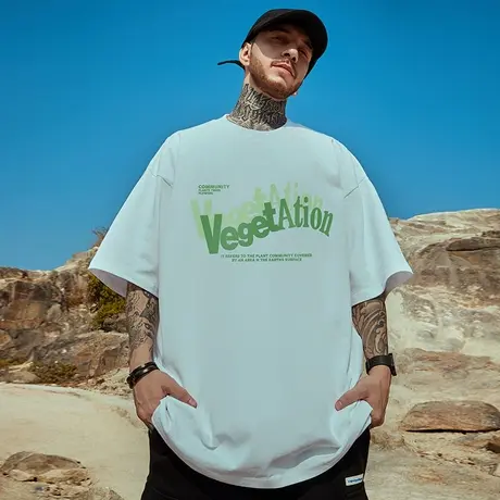 高街潮牌宽松T恤简约字母短袖男加肥加大五分袖纯棉大码男装夏季商品大图