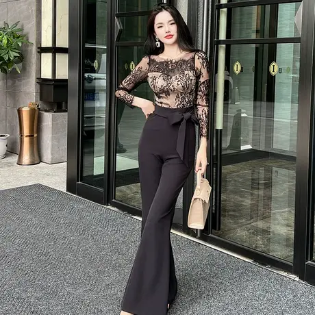 时尚别致高级感蕾丝长袖连体裤洋气欧货超好看修身系带连衣裤新款商品大图