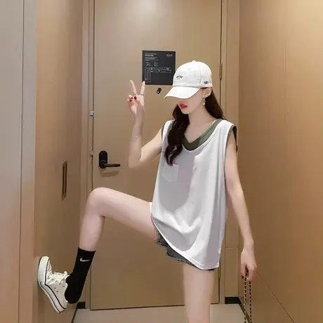 夏季新款大码胖mm无袖T恤女装宽松遮肉假两件打底衫韩版上衣200斤商品大图