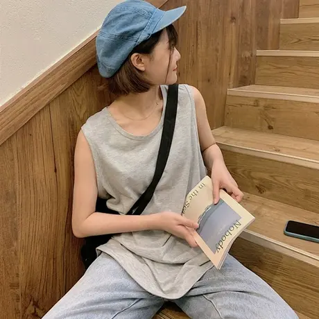 纯棉港风吊带运动坎肩打底衫背心无袖t恤女夏季外穿宽松挂脖上衣图片