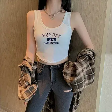 性感辣妹上衣女春款设计感刺绣字母修身短款外穿显瘦吊带背心女商品大图