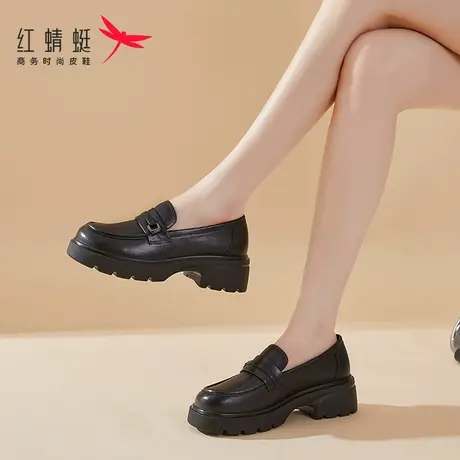 红蜻蜓女鞋春秋新款复古厚底小皮鞋白色乐福鞋女真皮牛皮单鞋英伦商品大图