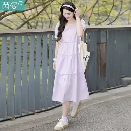 茵曼白色方领连衣裙女2023年夏季新款纯棉蛋糕蓬蓬气质裙子小个子商品大图