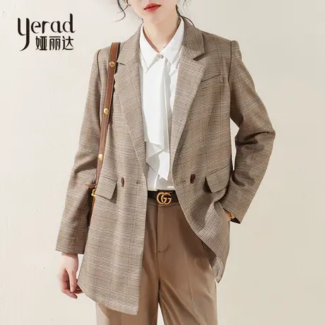 娅丽达格子西装外套女春季新款2023年早春复古色百搭休闲西服外套商品大图