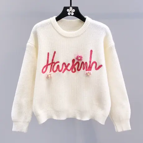 日系软糯刺绣字母花朵短款毛衣女秋冬2023新款宽松高级感针织上衣商品大图