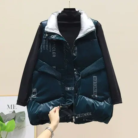 亮面立领羽绒棉服马甲女秋冬2023新款韩版宽松字母印花马夹外套潮商品大图