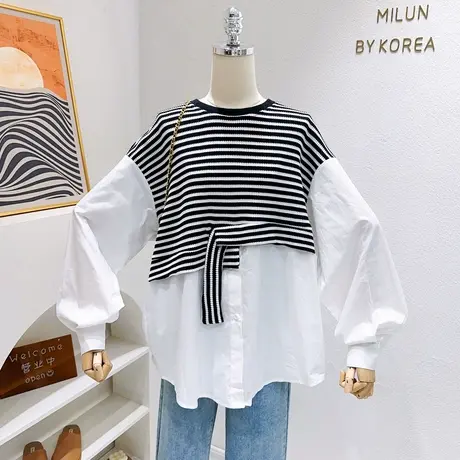 小众设计感法式上衣~早秋新款灯笼袖衬衫拼接条纹欧货女微胖遮肉图片