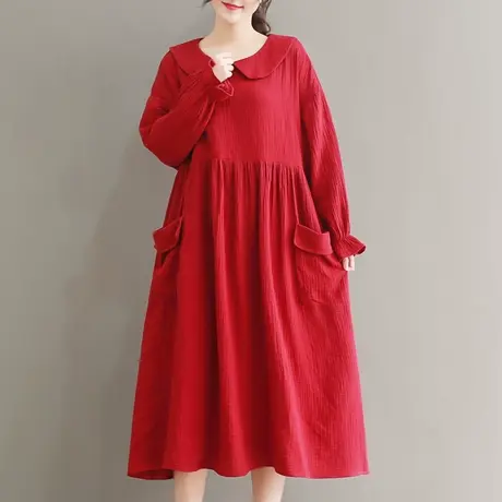 胖妹妹秋季2023新品大口袋娃娃领减龄长裙大码微胖棉质宽松连衣裙商品大图